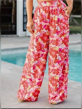 Pink Lily Coral & Fuchsia Floral Wide-Leg Pants